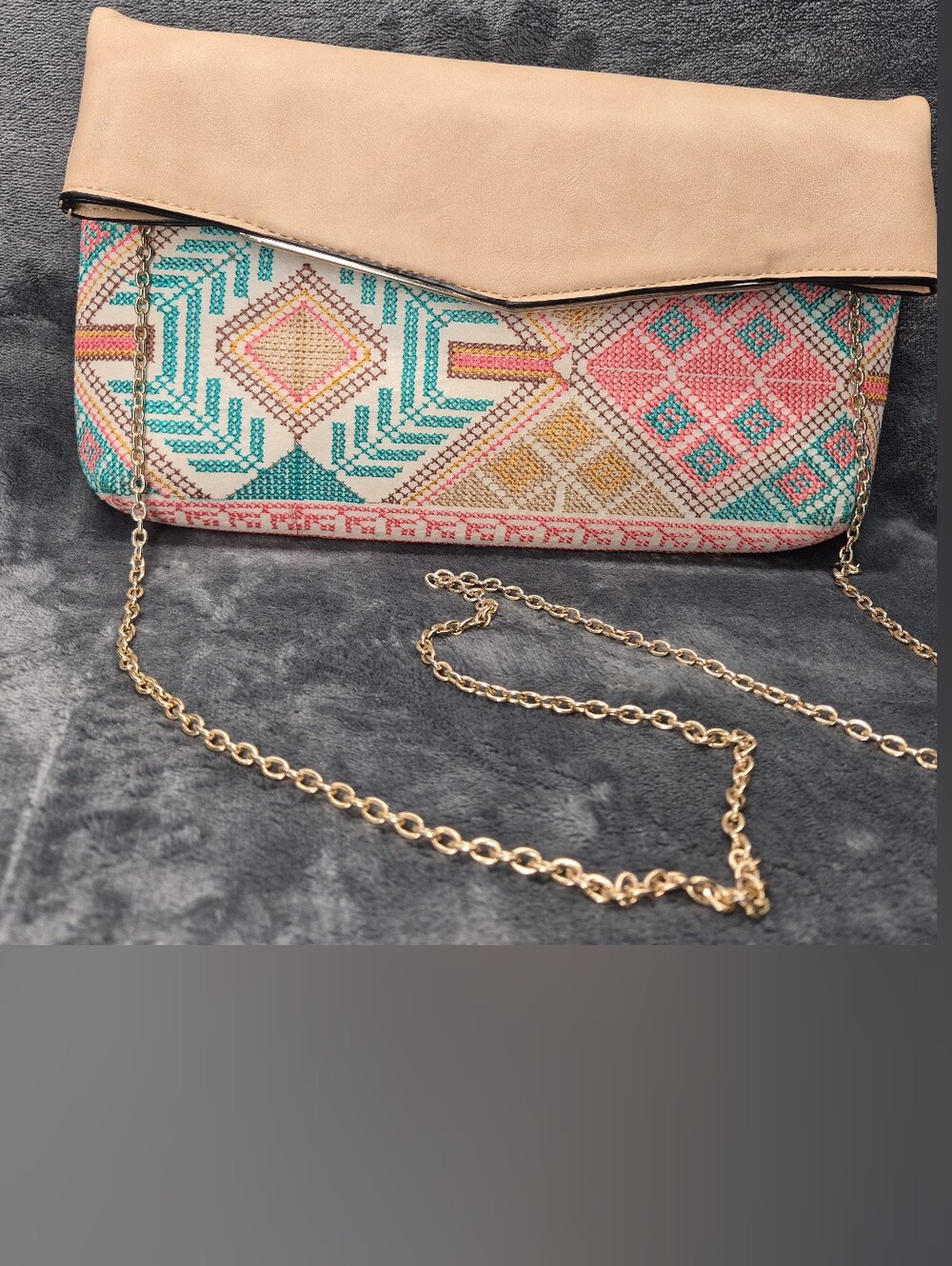 Vieta Bohemian accented flap-over clutch geometric Embroidered Cream Base